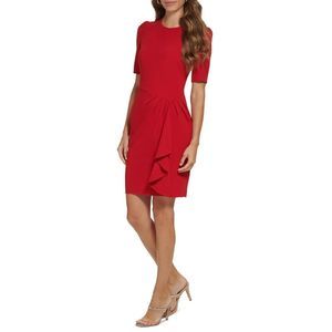 DKNY Womens Red Draped Knee Puff Sleeve Sheath Dress NWOT